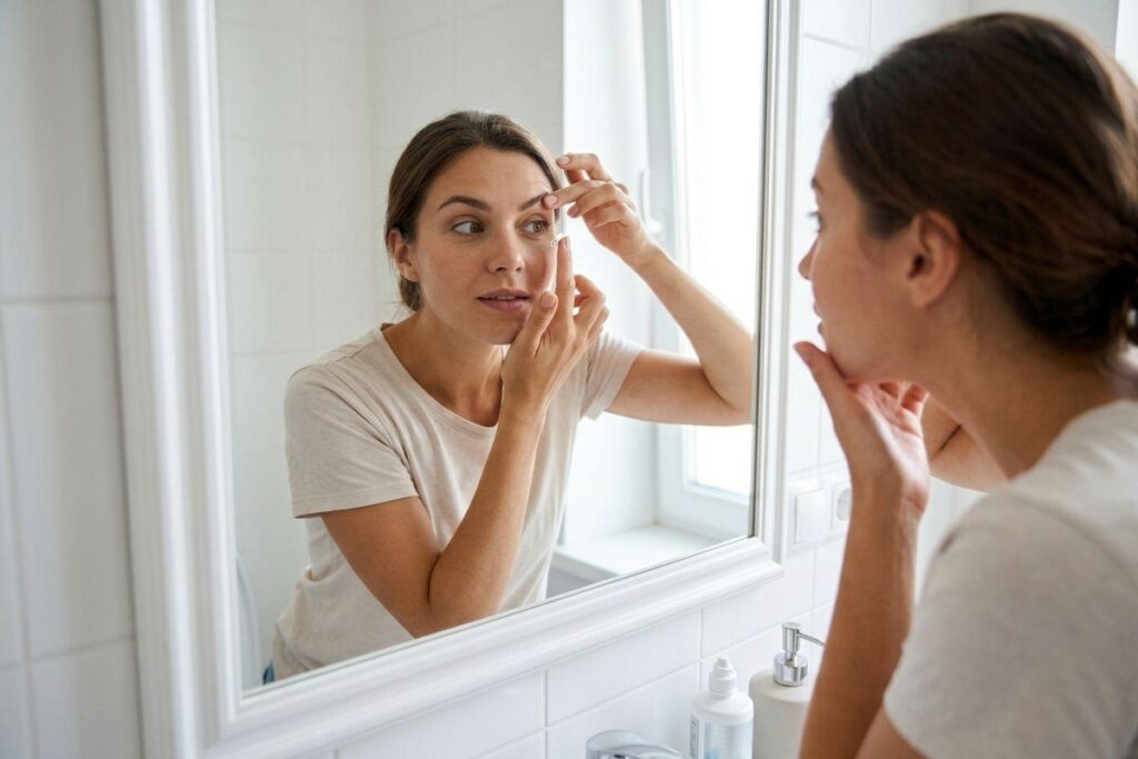 Adult put their contacts on in a bathroom, looking into a mirror while holding a lens near one eye.