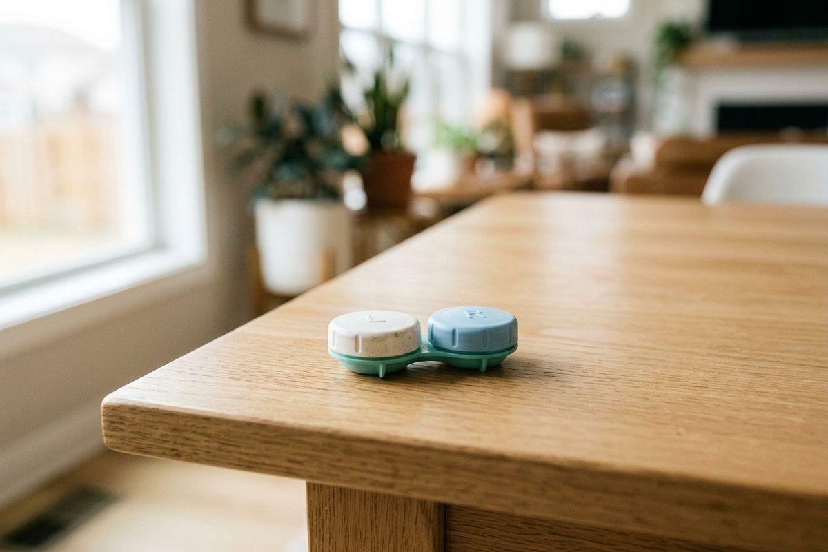 Contact lens case with a white  cap and a blue cap sitting on a wooden table in a home setting.