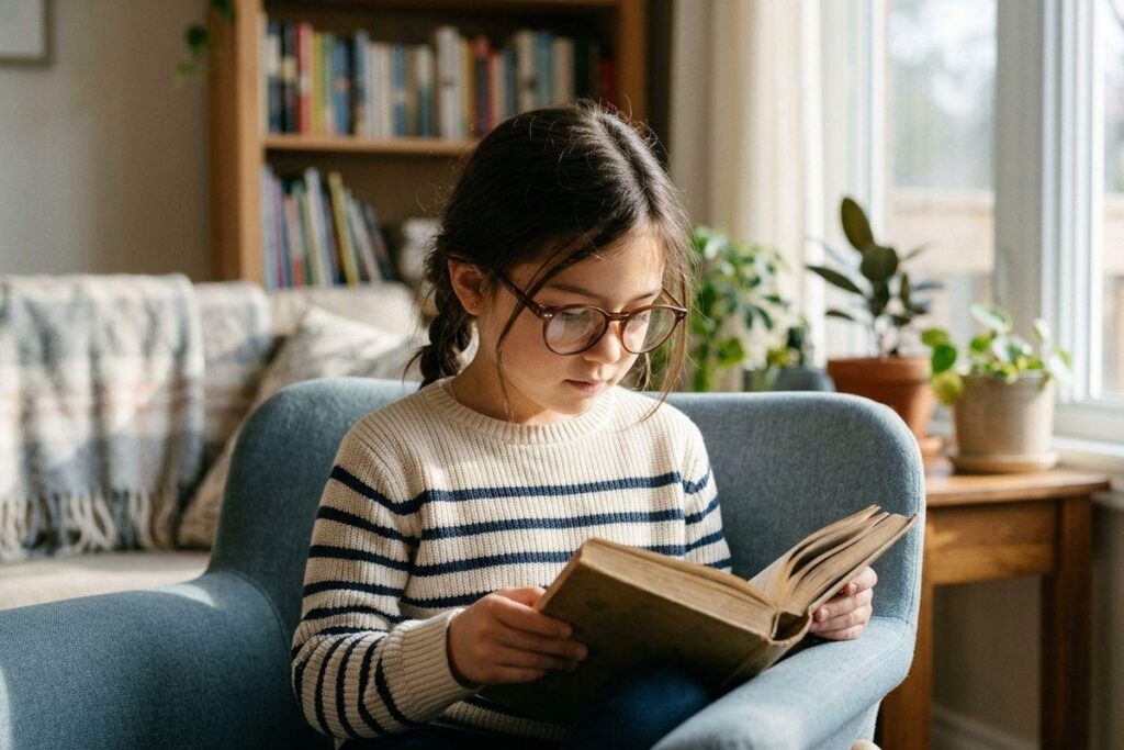 Child wearing glasses reads a book while seated in a blue armchair in a sunlit living room with a bookshelf in the background.