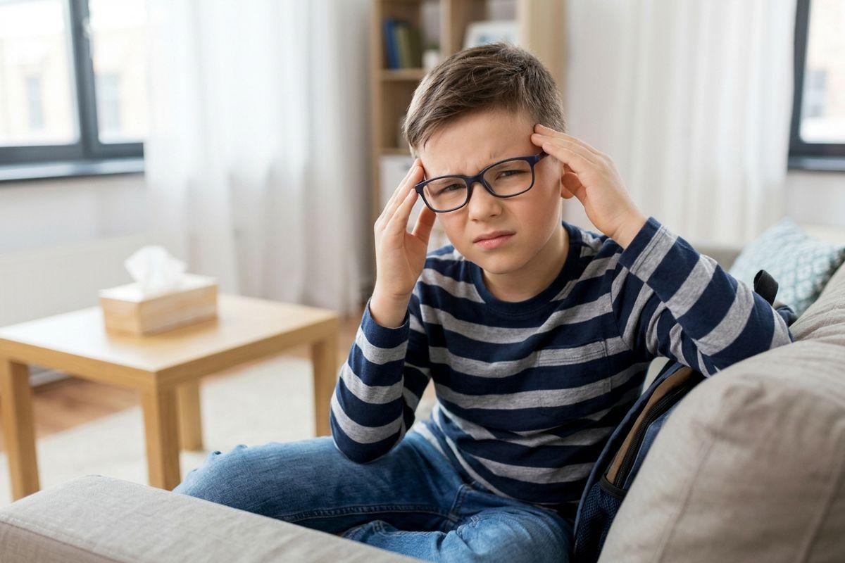 Child wearing glasses sitting on a sofa, pressing both hands to their temples with a pained, furrowed expression.