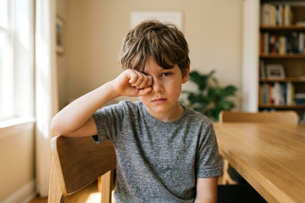 Child sitting at a wooden table indoors, rubbing one eye with a fist, expression tired or upset.