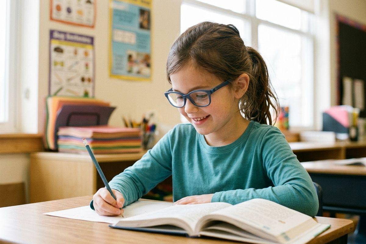 Child wearing blue glasses writing in an open book at a classroom desk, smiling.