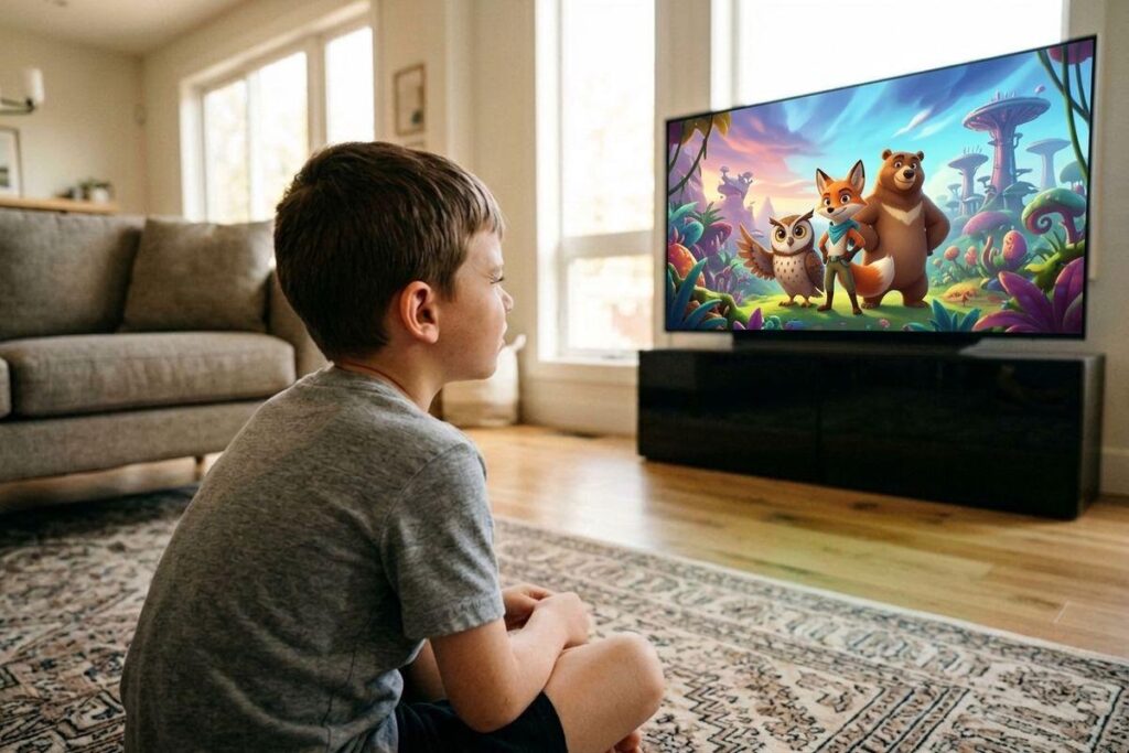 Child sits on a living room rug watching a TV showing a cartoon owl, fox, and bear in a colorful fantasy landscape.