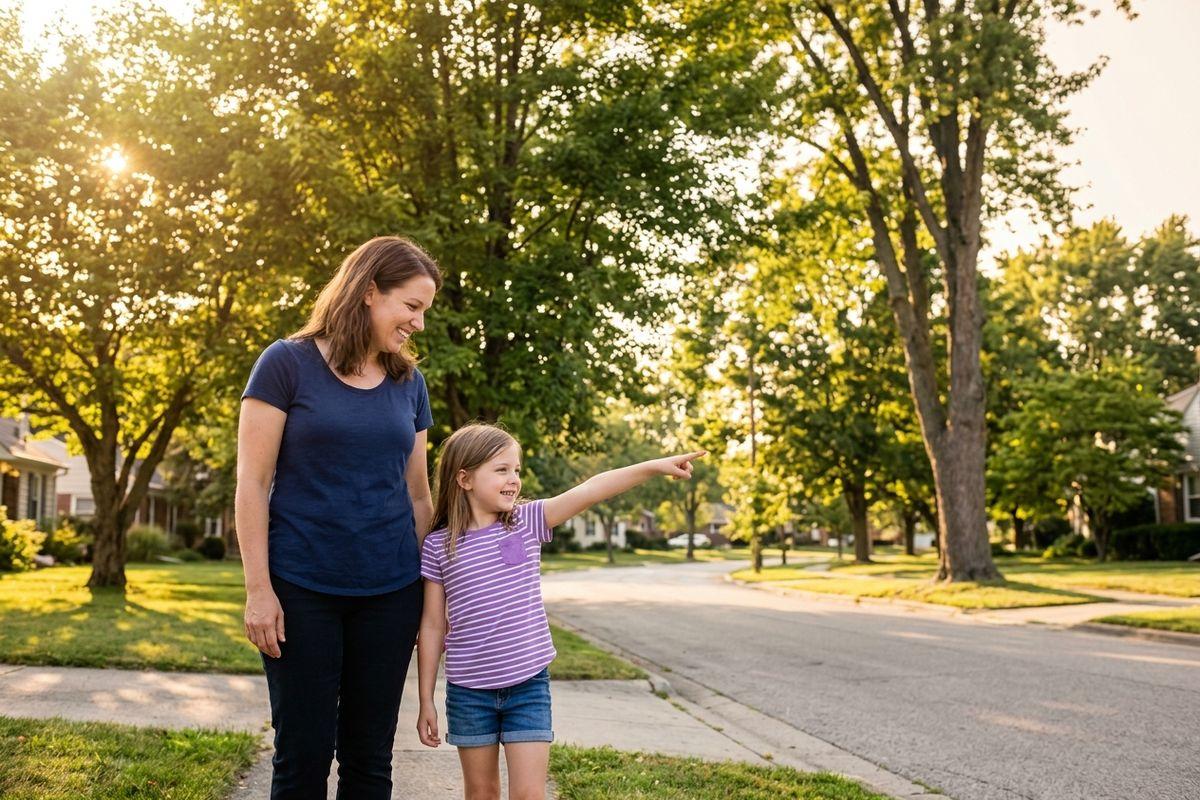 Smiling adult and child stand on a sidewalk in a tree-lined residential street at sunset, the child pointing down the road.