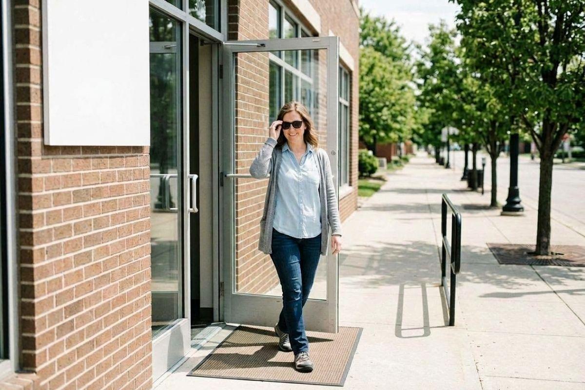 Smiling adult in sunglasses steps out of a brick building's glass door onto a sunny, tree-lined sidewalk, one hand touching the sunglasses.