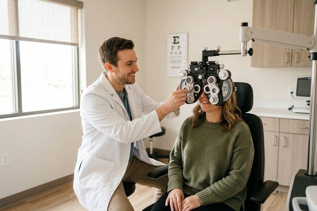 Smiling optometrist adjusts a phoropter in front of a seated adult's eyes during an eye exam, with an eye chart on the wall behind them.